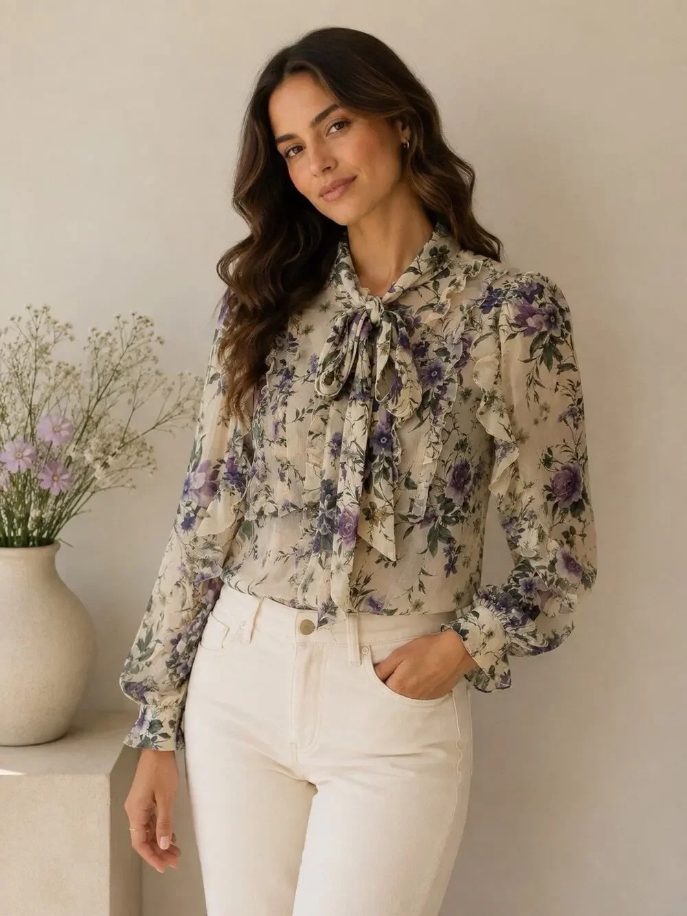 Zara Cream Floral Tie-Neck Blouse with Purple Flowers